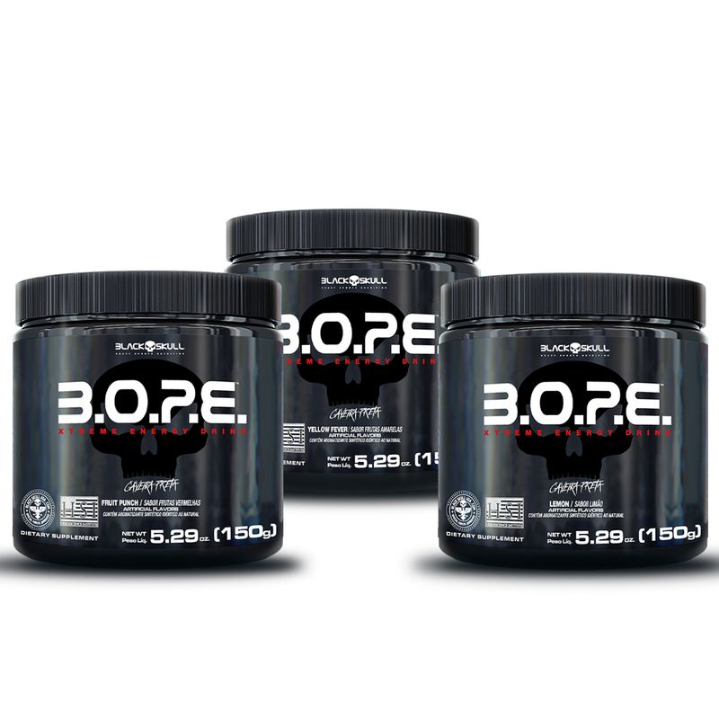 PRE-TREINO---KIT-PRE-TREINO-B.O.P.E.-C--3-UNIDADES-150G---SABOR-FRUTAS-AMARELAS-SABOR-LIMAO-E-SABOR-FRUTAS-VERMELHAS---PROMOCAO---BLACKSKULL