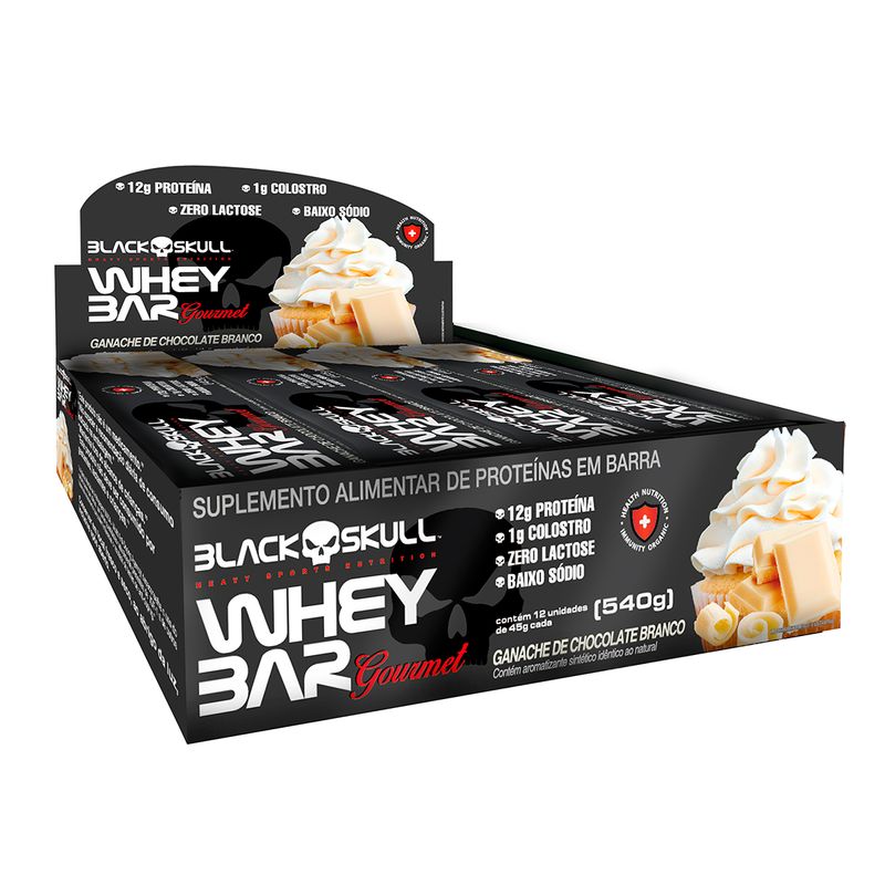 WHEY BAR - BARRA DE PROTEÍNA GOURMET COM COLOSTRO - DISPLAY C/ 12 UNIDADES SABOR CHOCOLATE BRANCO - BLACKSKULL
