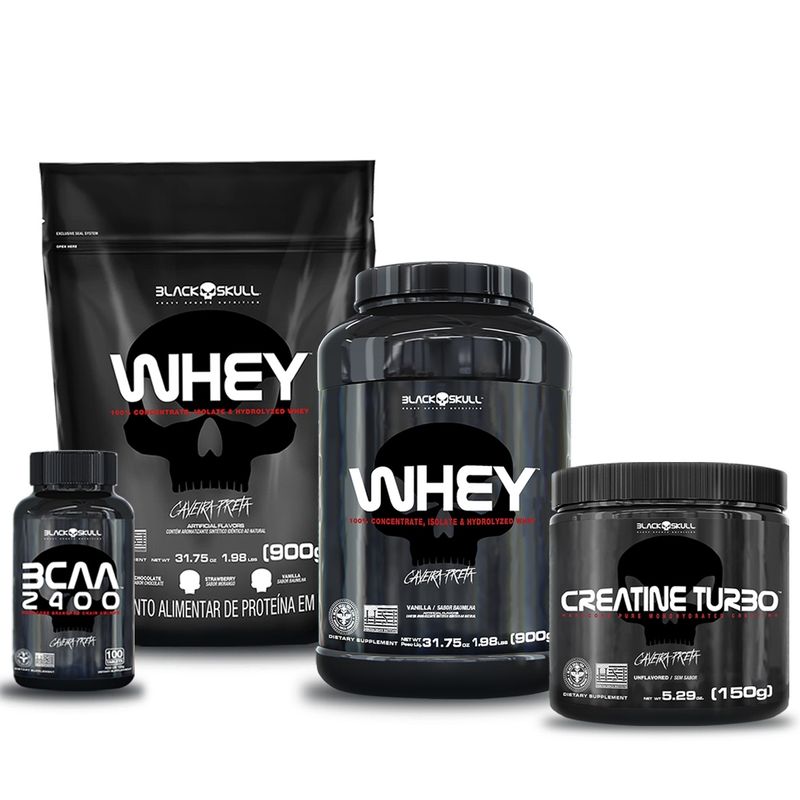 KIT-WHEY-2X---WHEY-REFIL-SABOR-CHOCOLATE-E-WHEY-POTE-SABOR-BAUNILHA---BCAA-2400---AMINOACIDOS---100-TABLETES---CREATINA---CREATINE-TURBO-150G---PROMOCAO---BLACKSKULL
