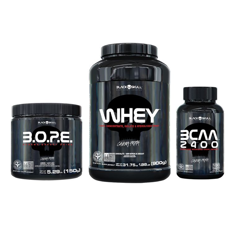 KIT-WHEY-PROTEIN---PRE-TREINO-B.O.P.E.---BCAA---KIT-WHEY-PROTEIN-900G--WHEY-ISOLADO-CONCENTRADO-E-HIDROLIZADO--SABOR-CHOCOLATE---PRE-TREINO-B.O.P.E.-150G-SABOR-LIMAO---BCAA-2400---AMINOACIDOS---100-TABLETS---PROMOCAO---BLACKSKULL