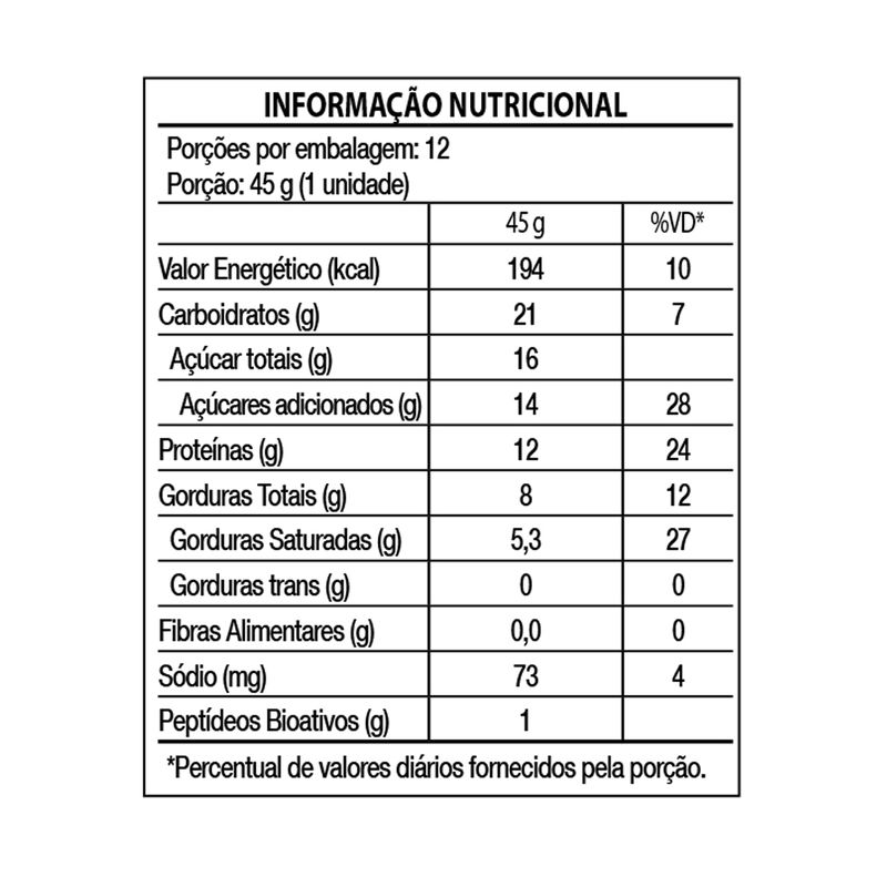 WHEY BAR - BARRA DE PROTEÍNA GOURMET COM COLOSTRO - DISPLAY C/ 12 UNIDADES SABOR CHOCOLATE BRANCO - BLACKSKULL - TABELA NUTRICIONAL
