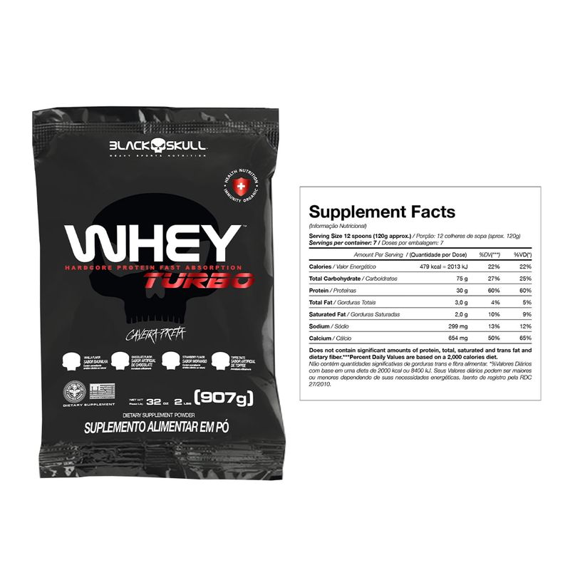 WHEY PROTEIN - KIT 2X REFIL WHEY TURBO 907G SABOR CHOCOLATE E SABOR MORANGO - PROMOÇÃO - BLACKSKULL - TABELA NUTRICIONAL