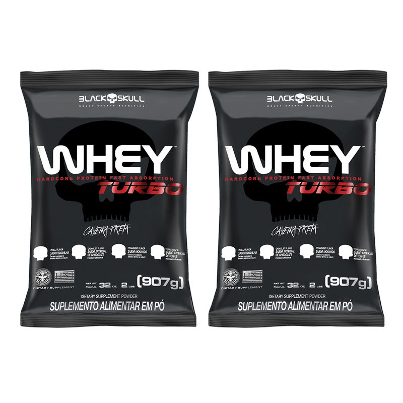 WHEY PROTEIN - KIT 2X REFIL WHEY TURBO 907G SABOR BAUNILHA E SABOR BAUNILHA - PROMOÇÃO - BLACKSKULL