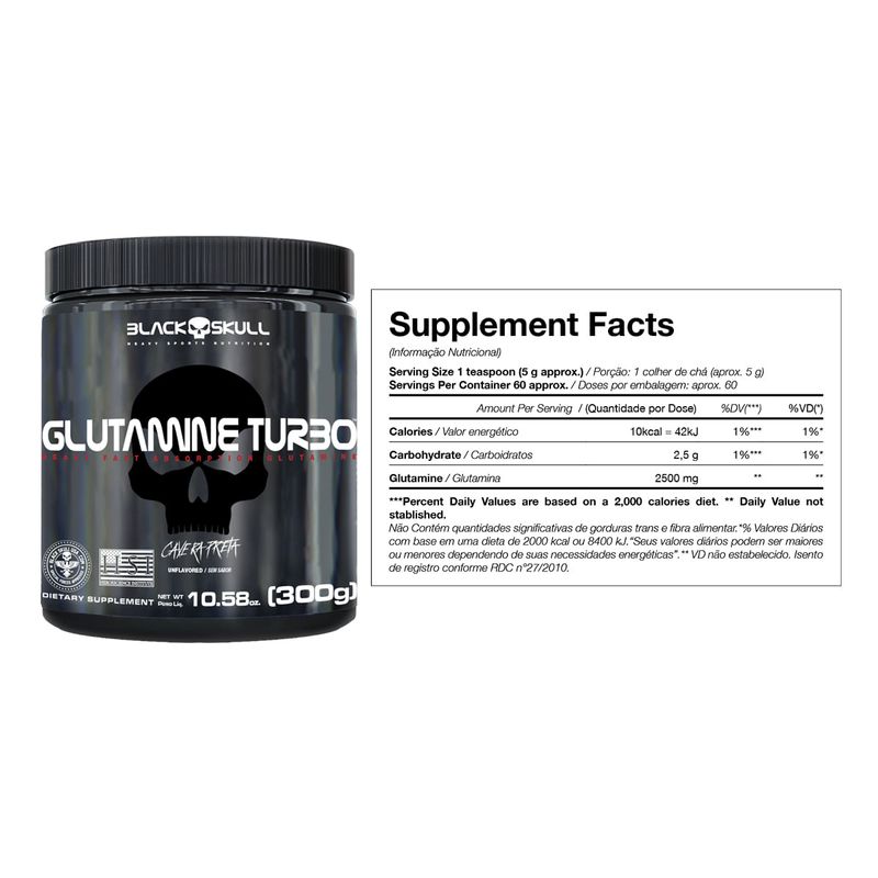 GLUTAMINA---KIT-GLUTAMINE-TURBO---GLUTAMINE-TURBO-300G-POTE---REFIL-GLUTAMINE-TURBO-500G---BLACKSKULL---TABELA-NUTRICIONAL