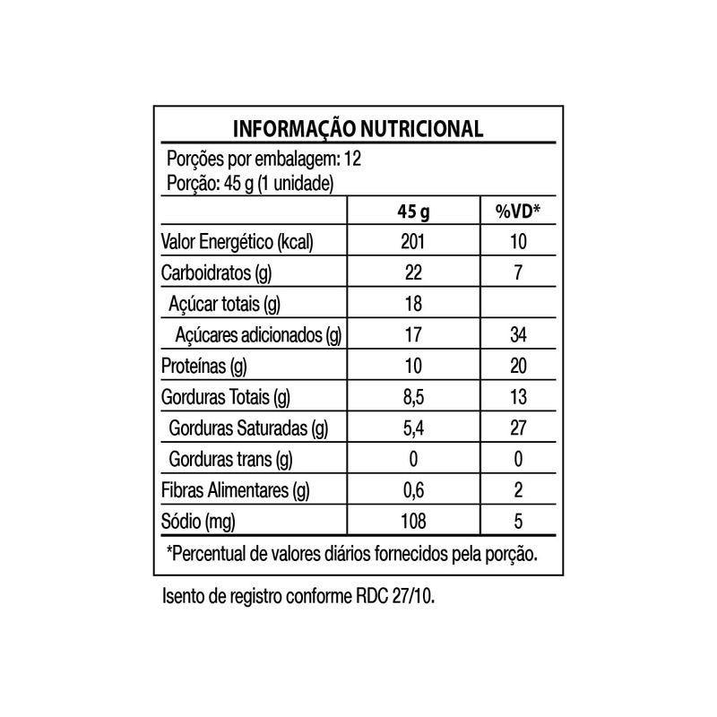 BARRA DE PROTEÍNA WHEY CRISPY BAR CHOCOLATE BRANCO - 12 UNIDADES TABELA NUTRICIONAL