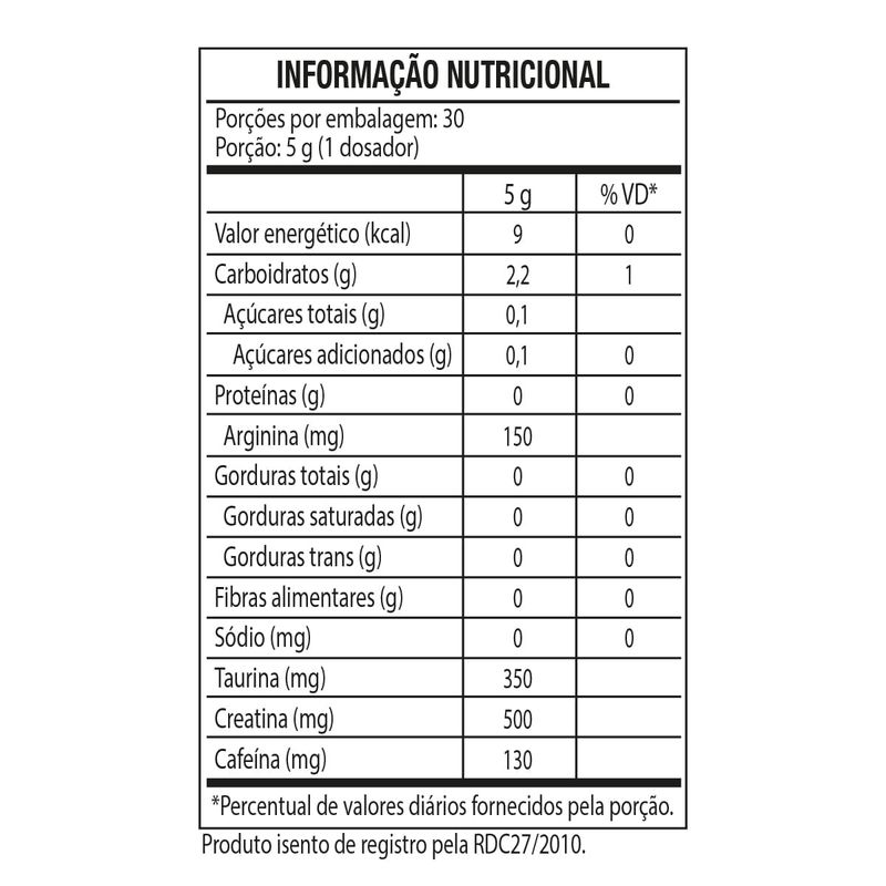 PRÉ-TREINO - BOPE - PRÉ TREINO B.O.P.E 150G SABOR FRUTAS AMARELAS - BLACKSKULL - TABELA NUTRICIONAL