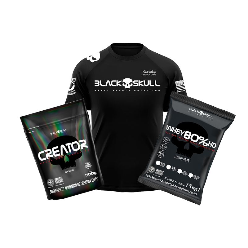 Kit-Whey-Protein-80%-HD-Morango-Creatina-Creator-500g-Black-Skull-Camiseta-p-Dry-Fit-Ganho-de-Massa-Força
