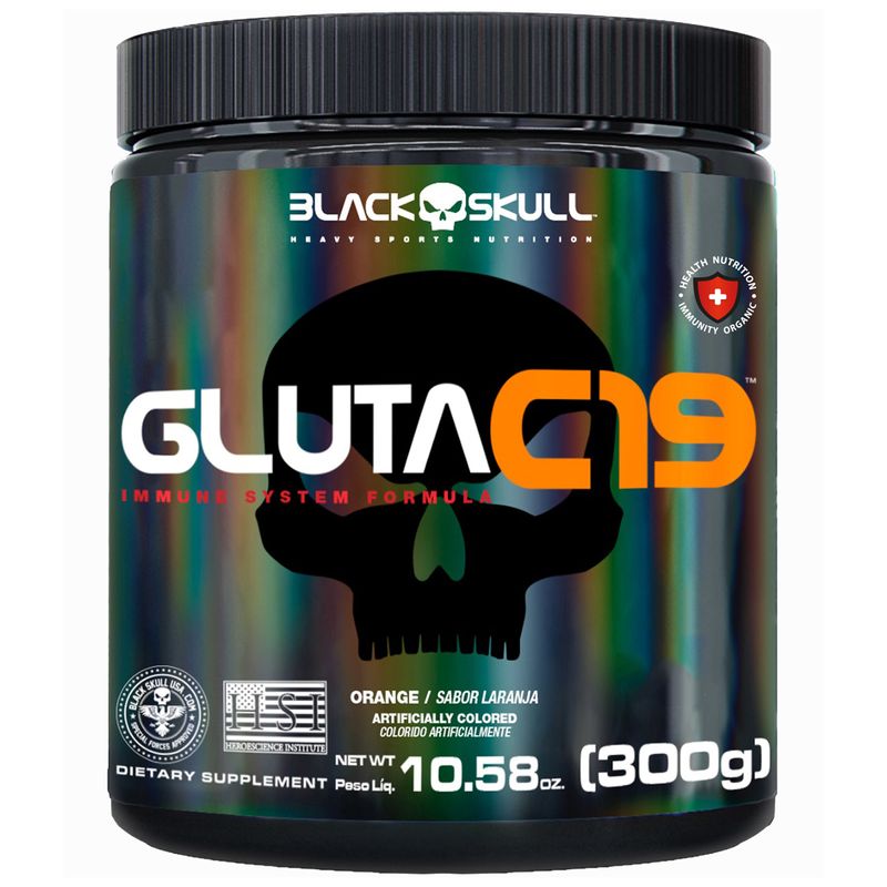 GLUTAMINA COM VITAMINAS E MINERAIS - GLUTA C19 300G - SABOR LARANJA - BLACKSKULL